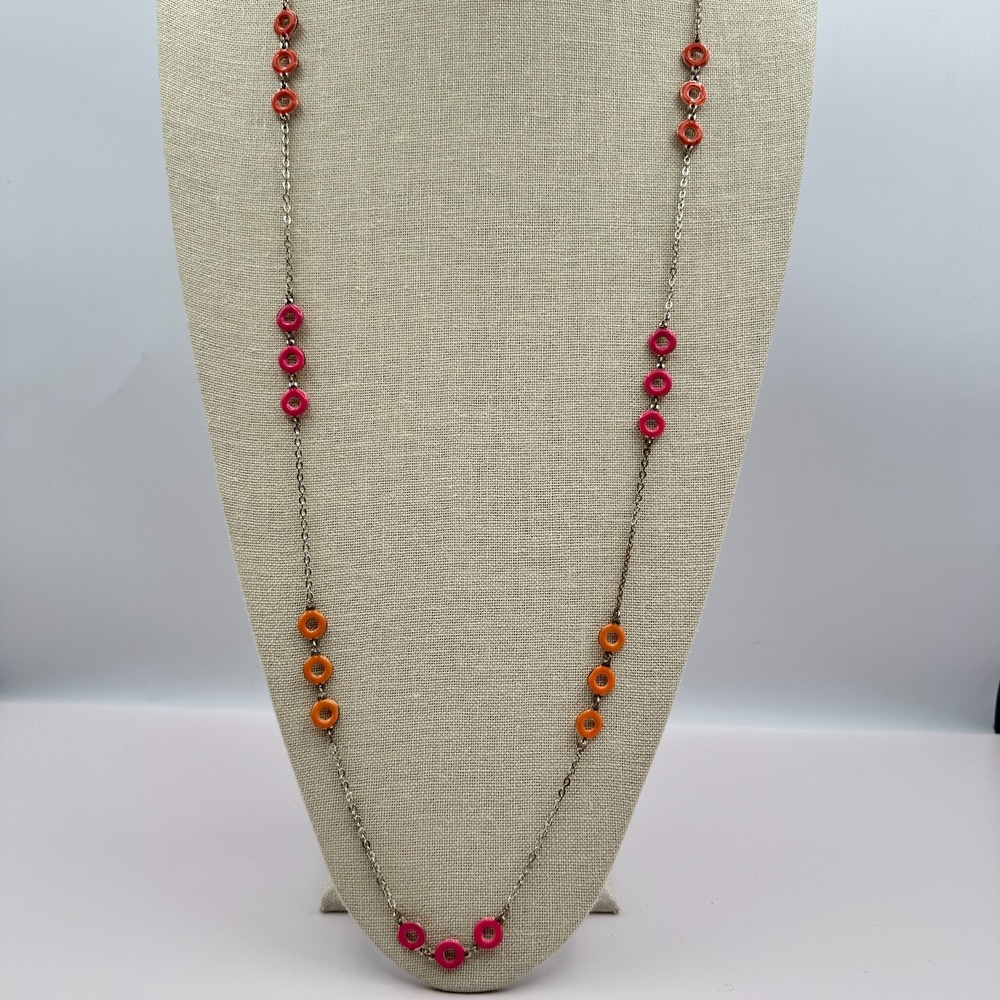 Vintage 80 Pink Orange Bead Station Necklace Statement Silver Tone Retro Jewelry